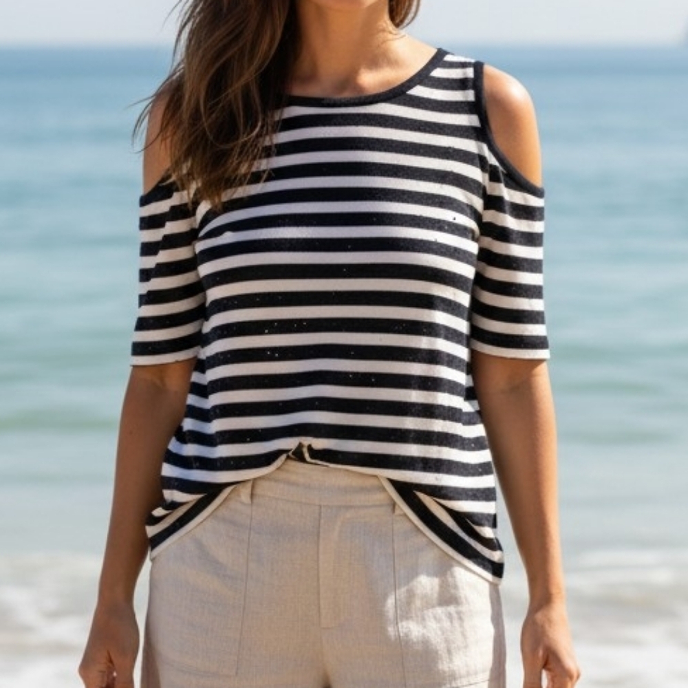 Chico's -NWT Navy/White Cold Shoulder Blouse Key Hole Neck,Sequence Throughout - Picture 11 of 11